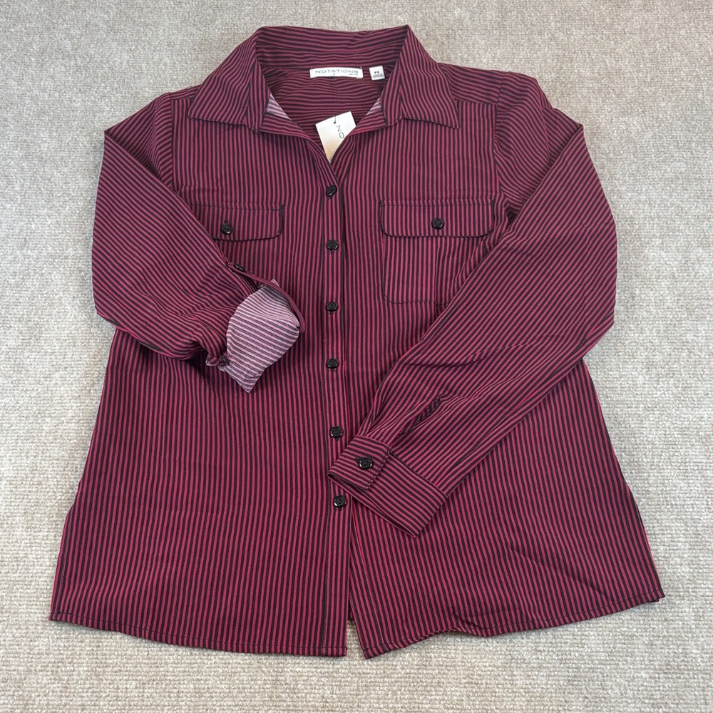 Notations Women's Tab Sleeve Purple/Black Striped Shirt Blouse Size PS NWT